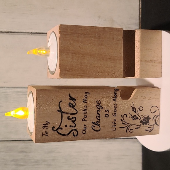MY SISTER dual wooden pedestal tea Light candle holders NWT - Picture 5 of 7